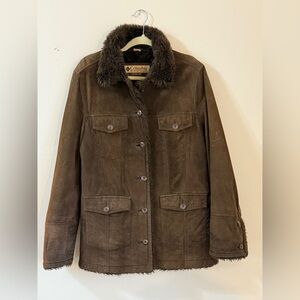 Columbia suede coat medium brown Sherpa lined western retro boho unisex vintage
